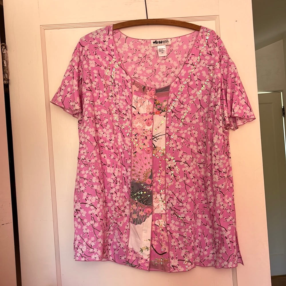 We Be Bop lightweight, rayon, floral, button-down shirt.